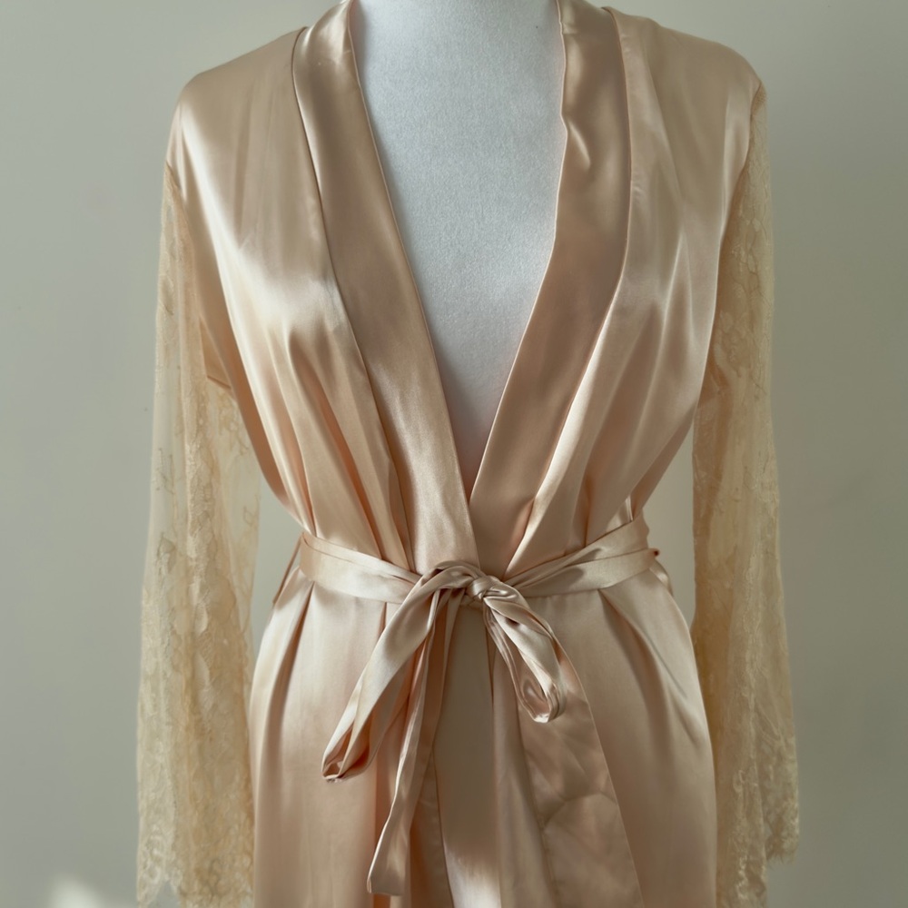 Satin Lace-Trim Robe in Champagne - Women Intimates & Sleepwear Bridal Kimono - Picture 9 of 9